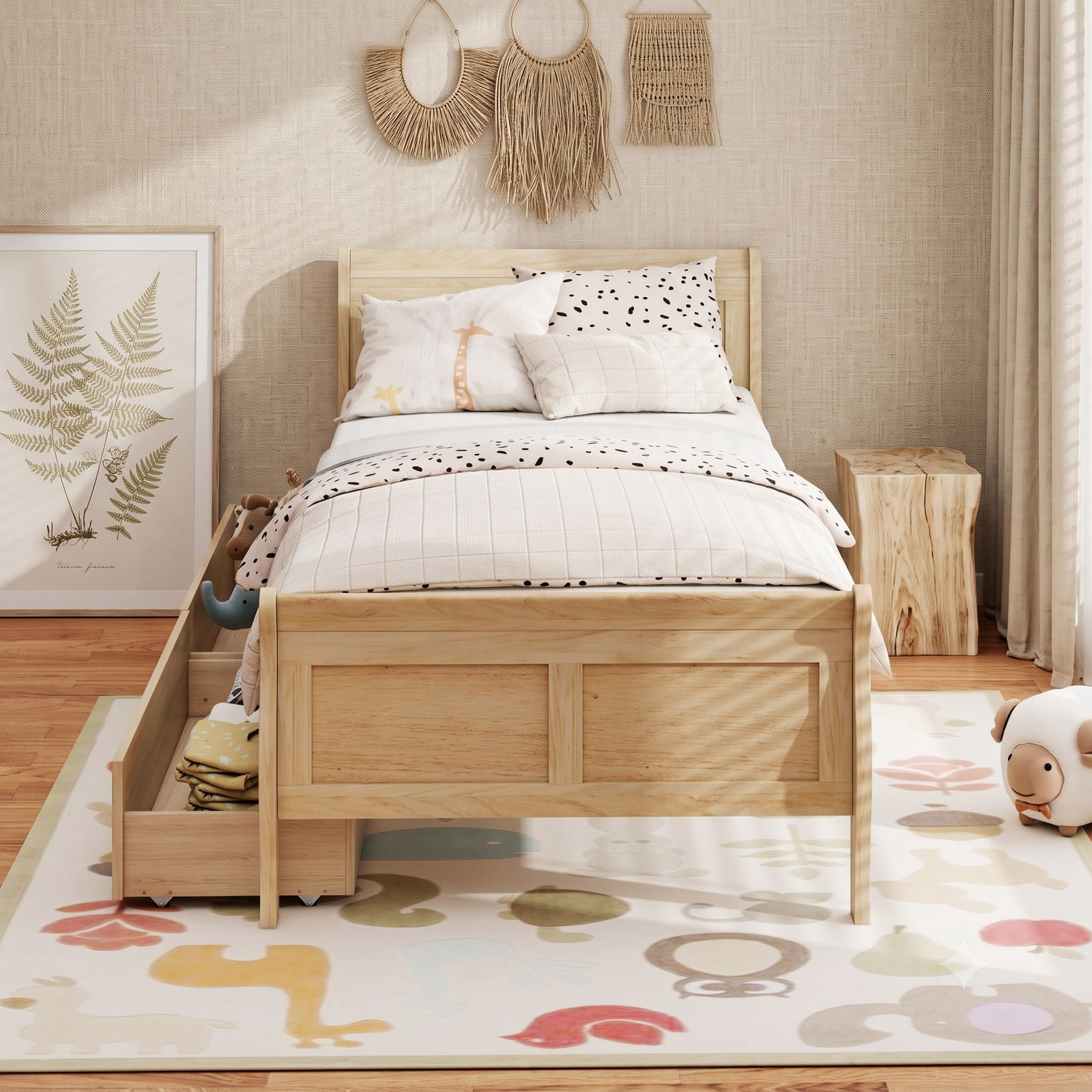 Furnibear Twin Bed Frame with 2 Storage Drawers, Wood Sleigh Platform Bed Frame with Storage and Curved Headboard for Kids Room and Bedroom, Natural