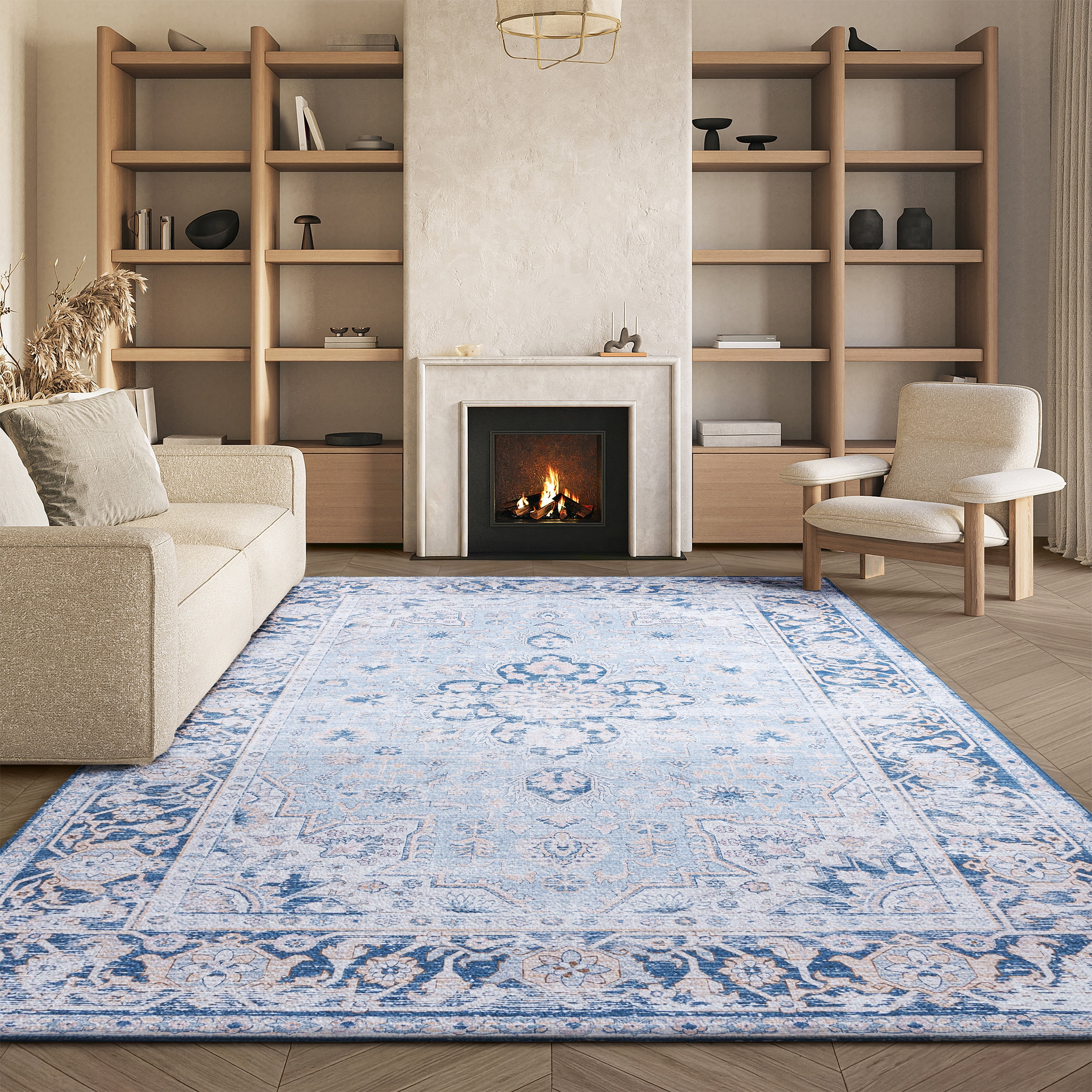 SAFAVIEH Tucson Brooke Traditional Machine Washable Area Rug, 6' x 9', Light Blue/Navy