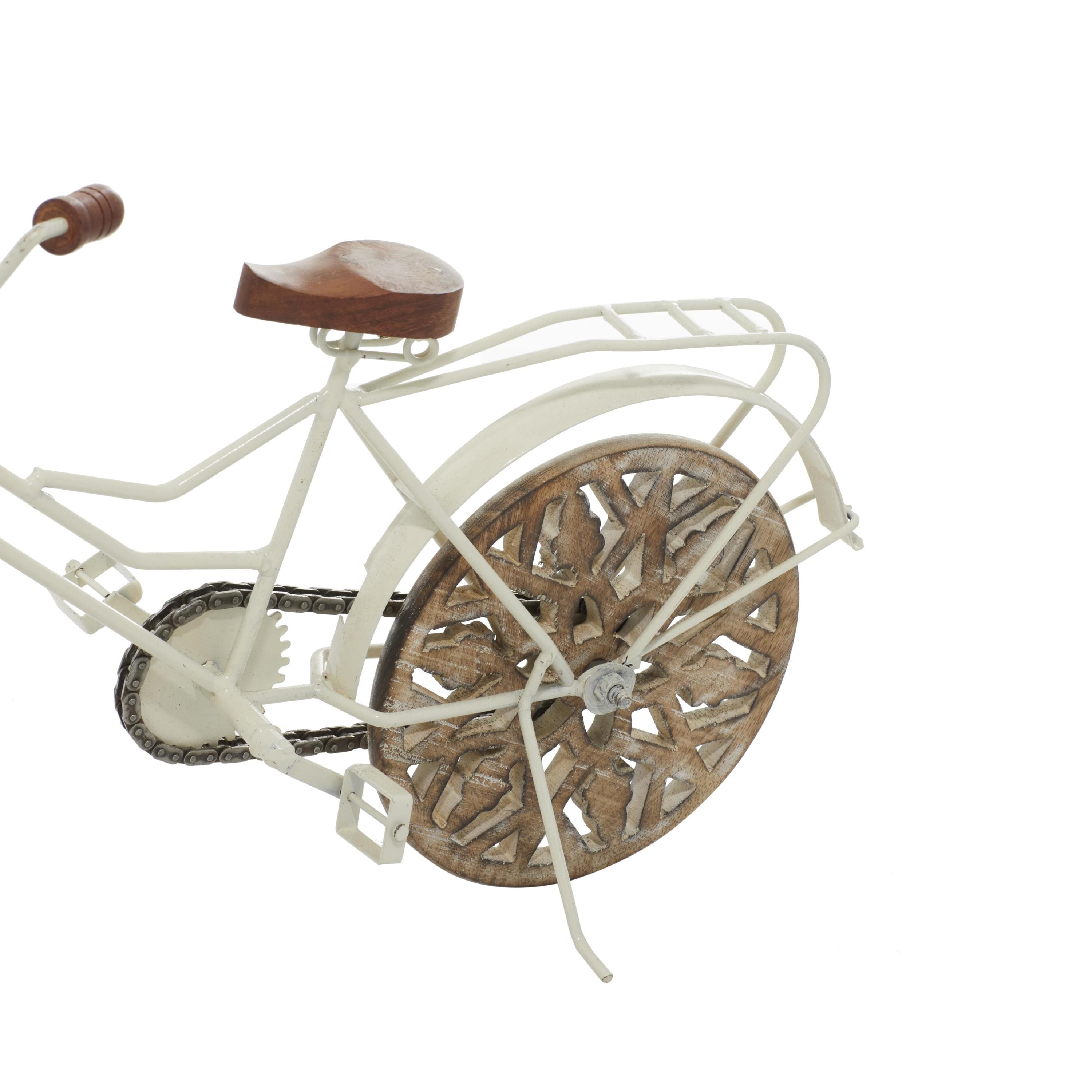 19" x 12" White Metal Bike Sculpture with Carved Wood Wheels, by DecMode