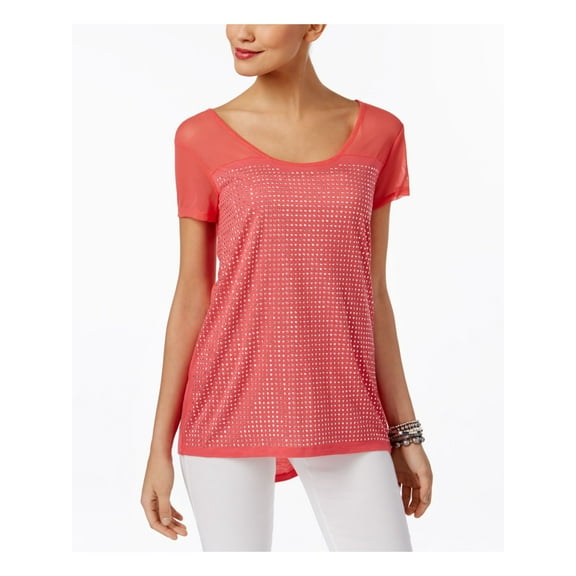 INC $59 Womens New 1211 Coral Rhinestone Scoop Neck Short Sleeve Top S B B