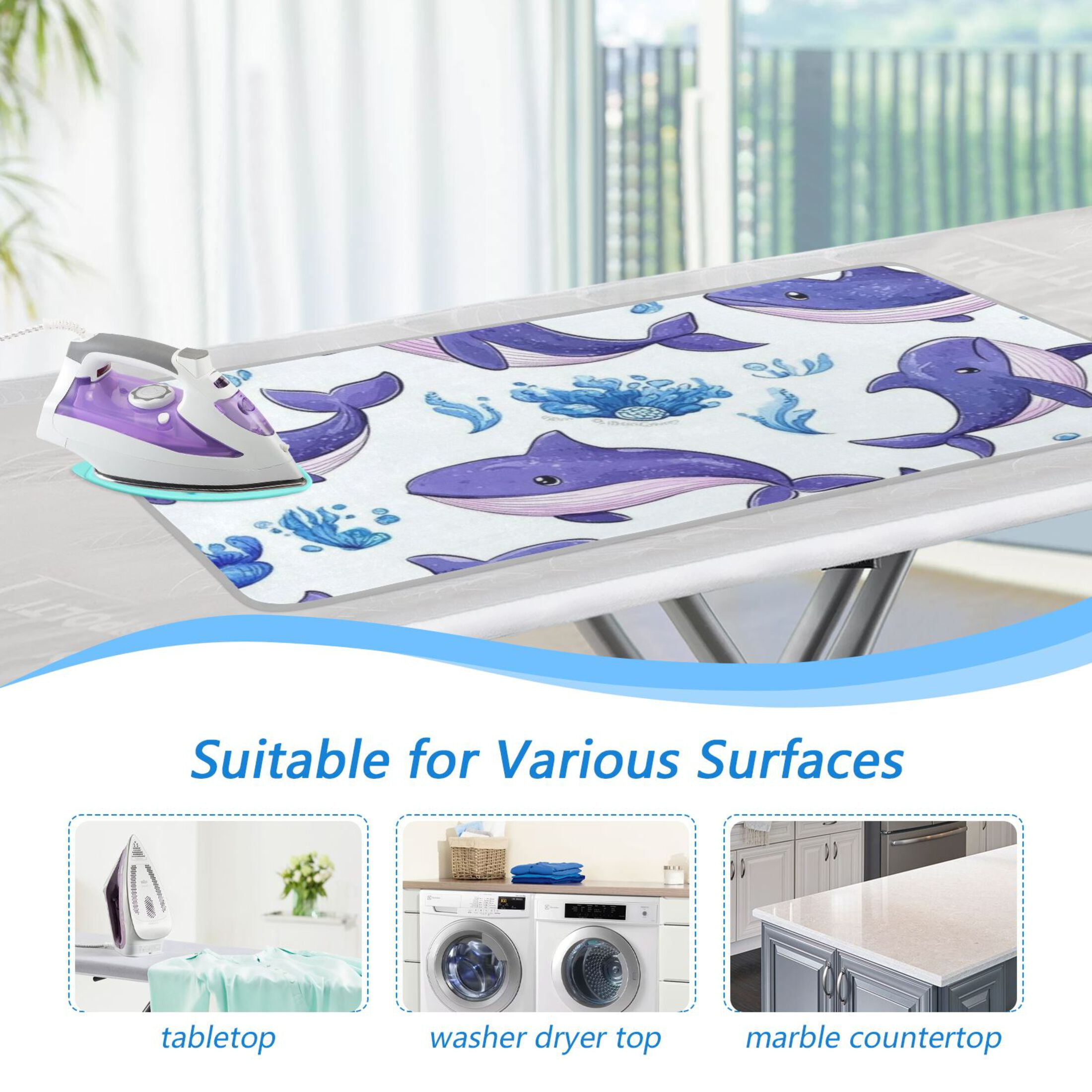 Cute Purple Whales Ironing Mat Blanket for Table Top Travel Portable Ironing Board Pad 47.2x27.6 Inch