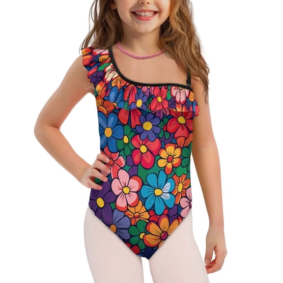 Uorisanigo Girls Swimsuit One Piece Size 3-4 Single Spaghetti Strap Summer Beach Vacation Swimwear Colorful Floral Bathing Suit