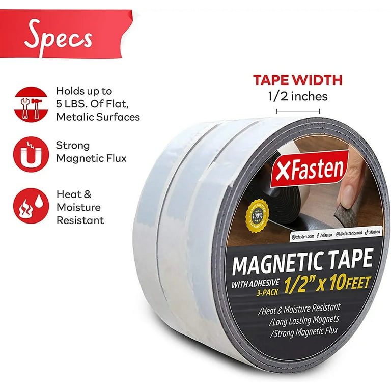 XFasten Magnetic Tape Strip Roll, 1/2-Inch x 10-Foot, Self-Adhesive, Peel and Stick on Double-Sided Magnet Strips for Fridge, Crafts and DIY Projects