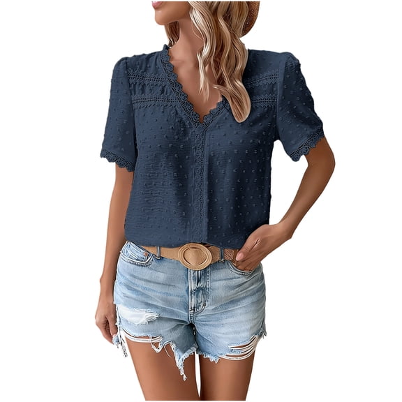 Easter Women’s V-Neck Top Versatile Casual Short Sleeve Shirt Summer Fashion Lace Breathable T-Shirt
