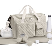 DAKIMOE Travel Duffle Bag for Women Men, Weekender Overnight Bags Carry on Gym Bag with Wet Pocket/Adjustable Strap/Shoe Compartment, Foldable Waterproof Duffel Tote for Plane Sports Dance, Ivory