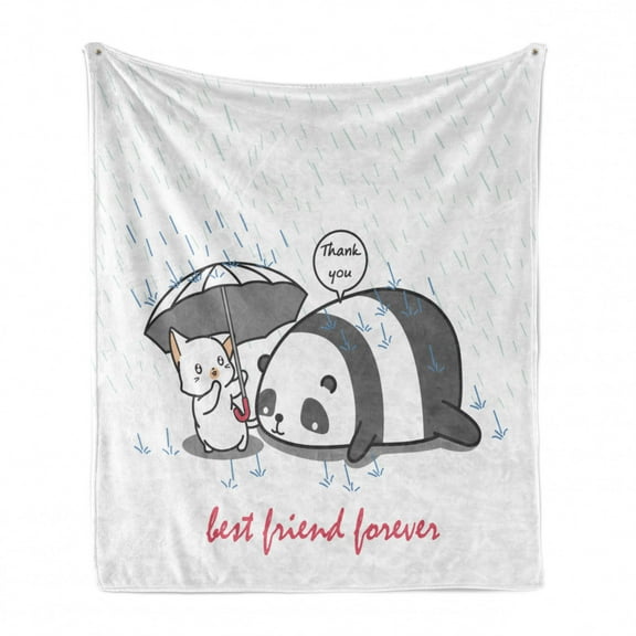 Cartoon Soft Flannel Fleece Throw Blanket, Small Cat Holding Umbrella Panda Bear in Rainy Weather Best Friend Forever, Cozy Plush for Indoor and Outdoor Use, 60" x 80", Multicolor, by Ambesonne