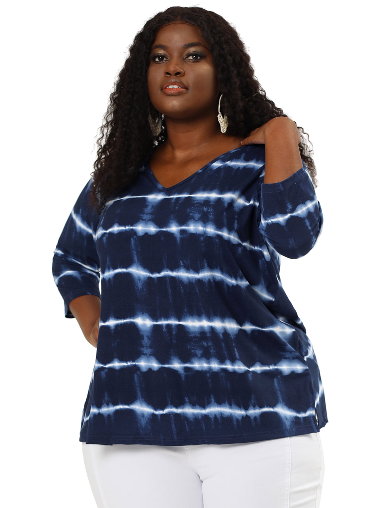 Unique Bargains Women's Plus Size 2 Packs Tie Dye V Neck Comfy Stripe Top 3X Blue/Hot Pink