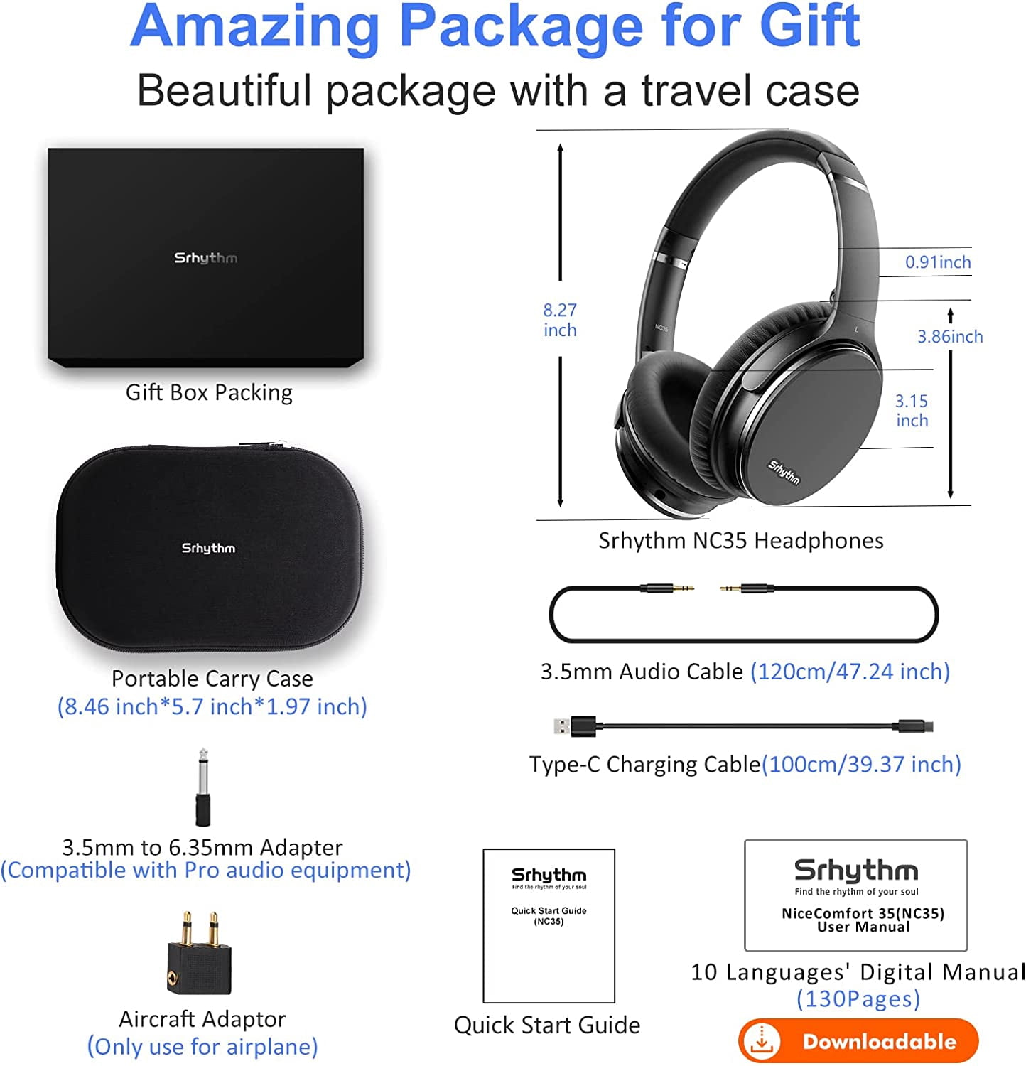 Srhythm NC35 Noise Cancelling Headphones,Over-Ear Headphones Wireless,Wireless Bluetooth 5.3, 50+ Hours Playtime for Home,Office,Travel
