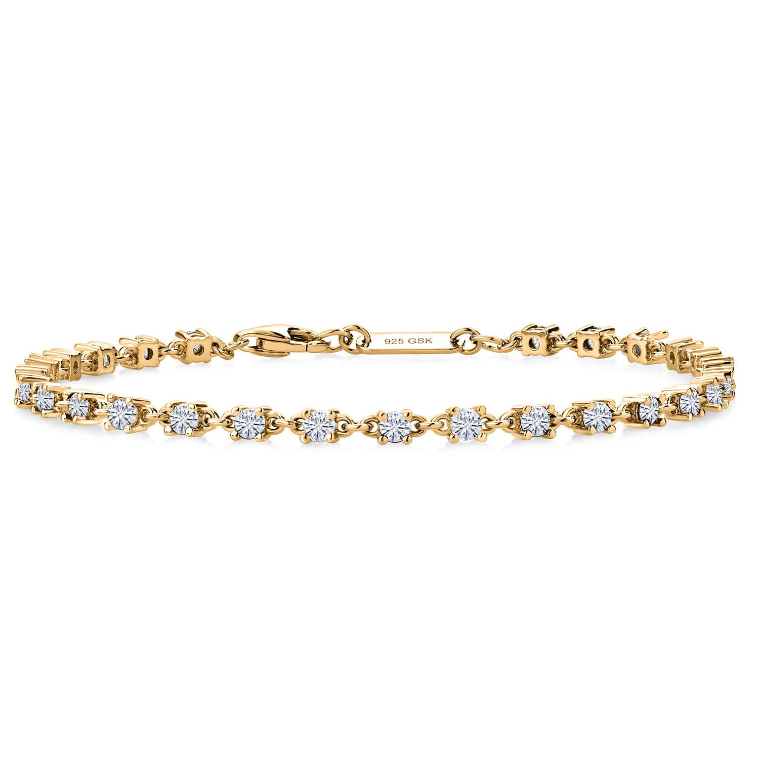 Gem Stone King 18K Yellow Gold Plated Silver White Moissanite Tennis Bracelet for Women | 1.76 Cttw | Round 2.5MM | 7 inch
