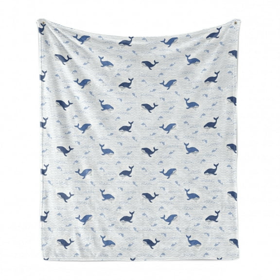 Whales Soft Flannel Fleece Throw Blanket, Waves Underwater Fish Big Mammal Motifs Pattern on Plain Backdrop, Cozy Plush for Indoor and Outdoor Use, 70" x 90", White and Dark Ceil Blue, by Ambesonne