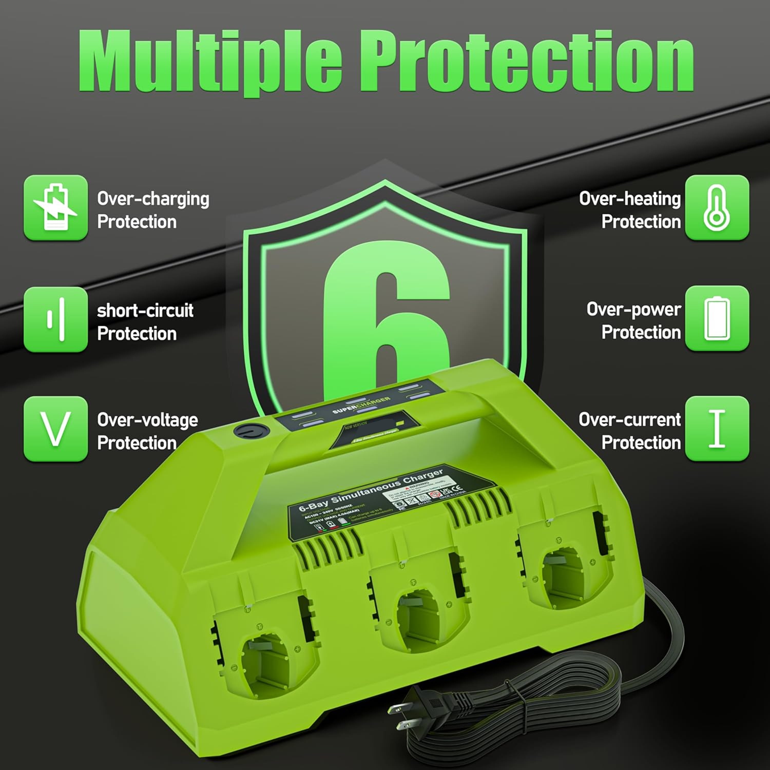 【Simultaneously Charging】 Upgraded 6-Port Rapid Charger for Ryobi 18V Lithium-Ion Batteries, Compatible with Ryobi 18V ONE+ Battery Systems (6-Pack Simultaneously Charging Station)