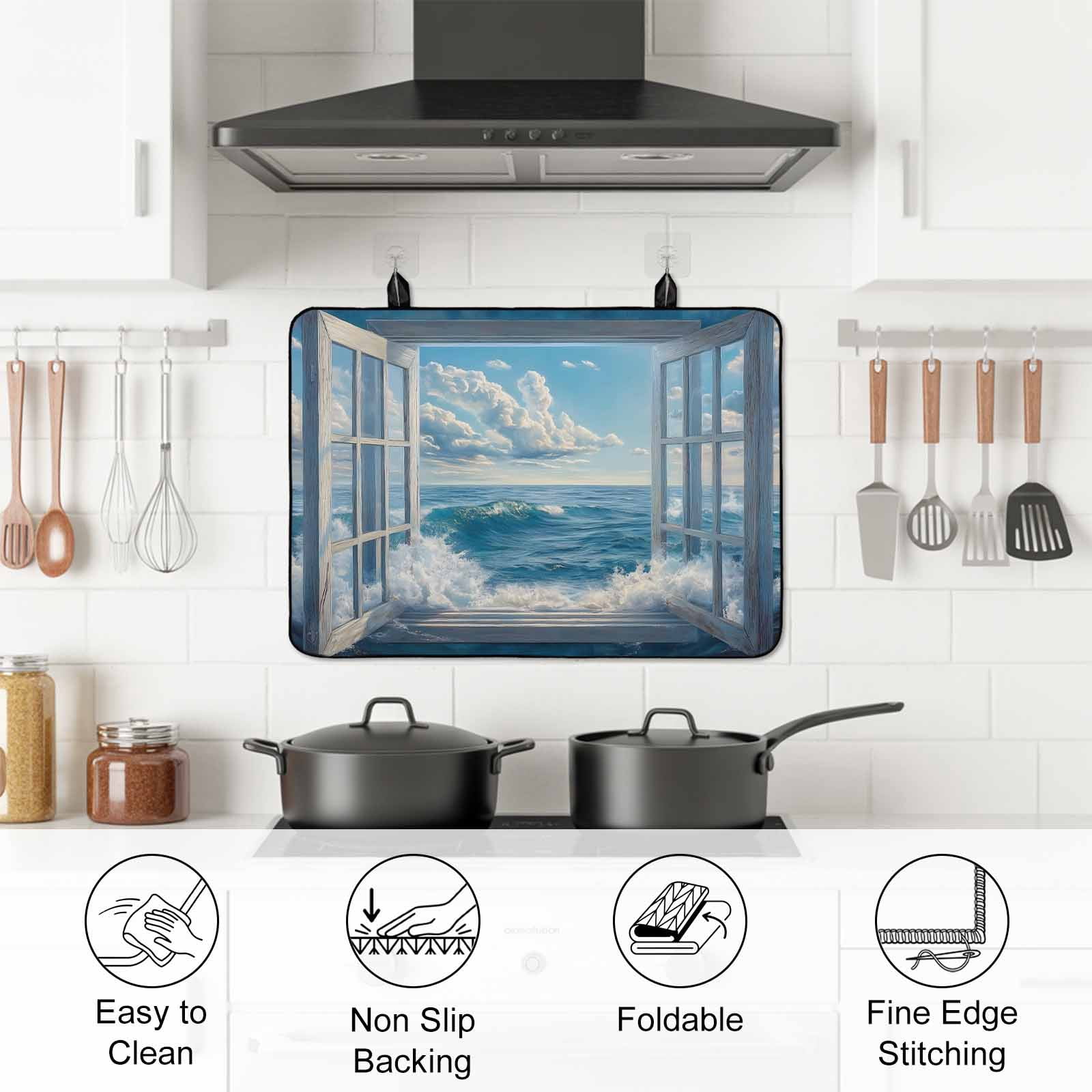 Coastal Stove Top Cover for Electric Stove, Heat-proof & Non Slip Glass Top Stove Cover Protector, Window Nautical Beach Blue Seaside Kitchen Flat Cooktop Rubber Mat 24x21 Inches