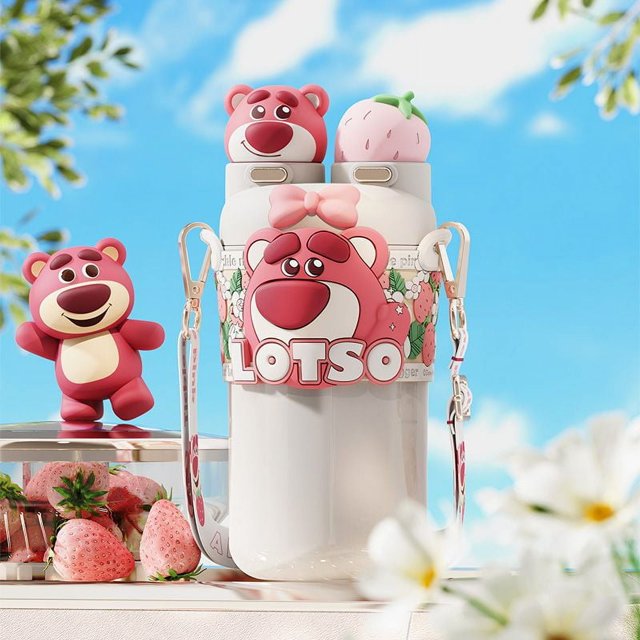 Taza Termo con diseño de oso de fresa para mujer, taza de agua con pajita de aspecto alto, regalo de cumpleaños para mujer 2025
