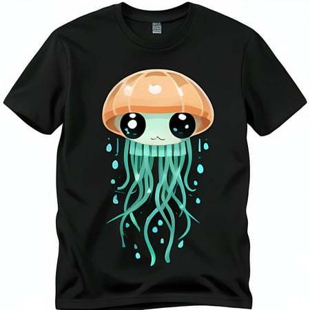 

Men s Black T-Shirt with Whimsical Cartoon Jellyfish Print Light Blue & Green Design