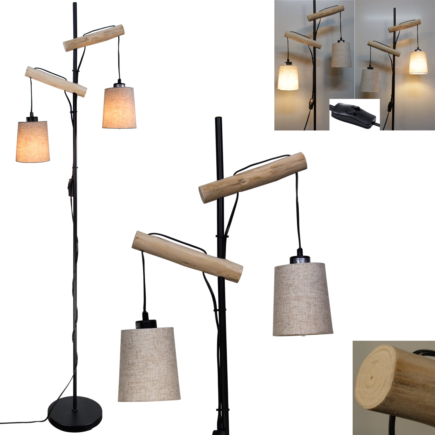 Hanging 2 Lights Floor Lamp Rustic Farmhouse Tall Standing Lamps with Double Fabric Lampshade Floor Lamps for Living Room Bedroom Office Home Lighting Decor.