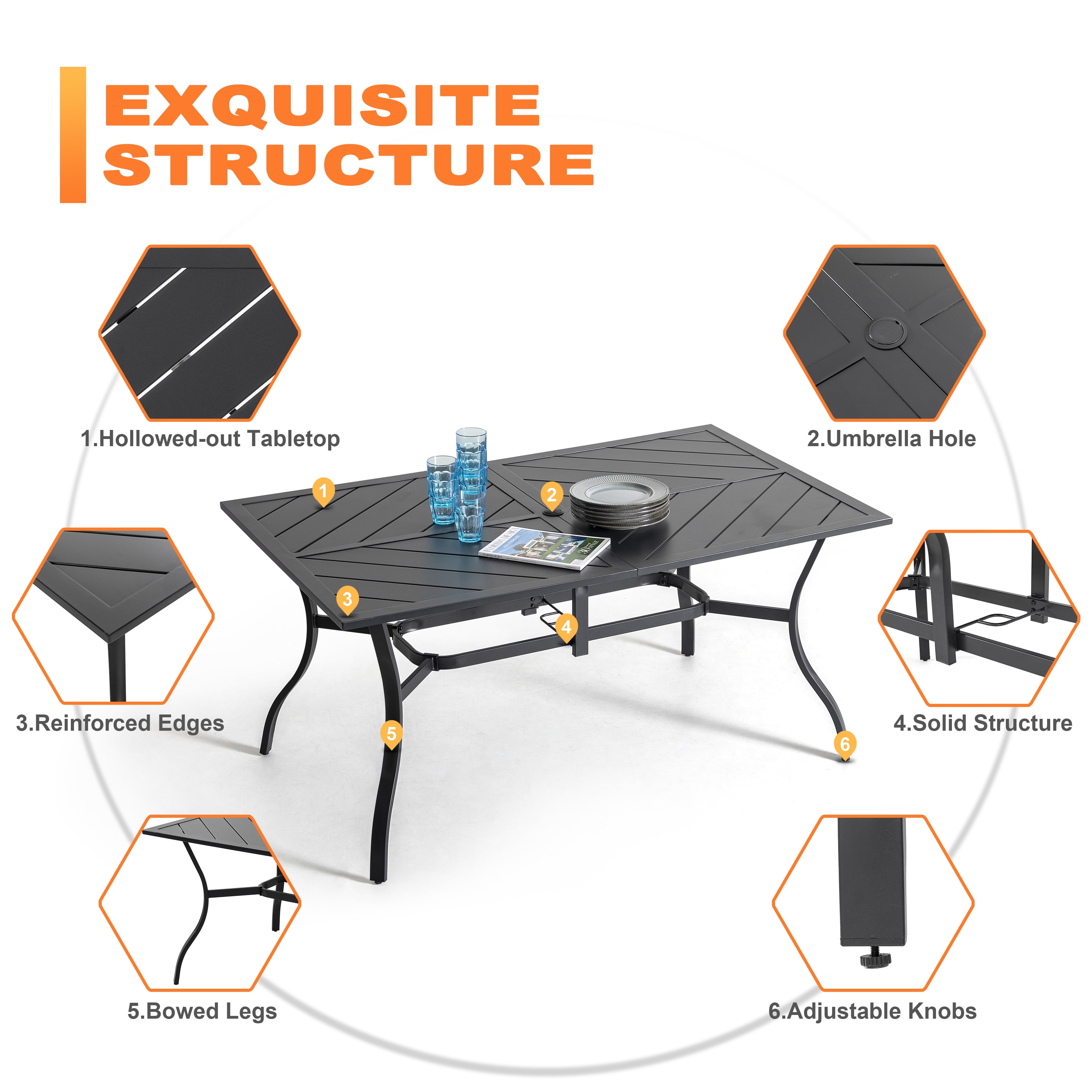 Nuu Garden 7 Piece Outdoor Dining Set, Outdoor Padded Textilene Patio Chairs and 61'' Rectangular Dining Table with Umbrella Hole, Grey & Black