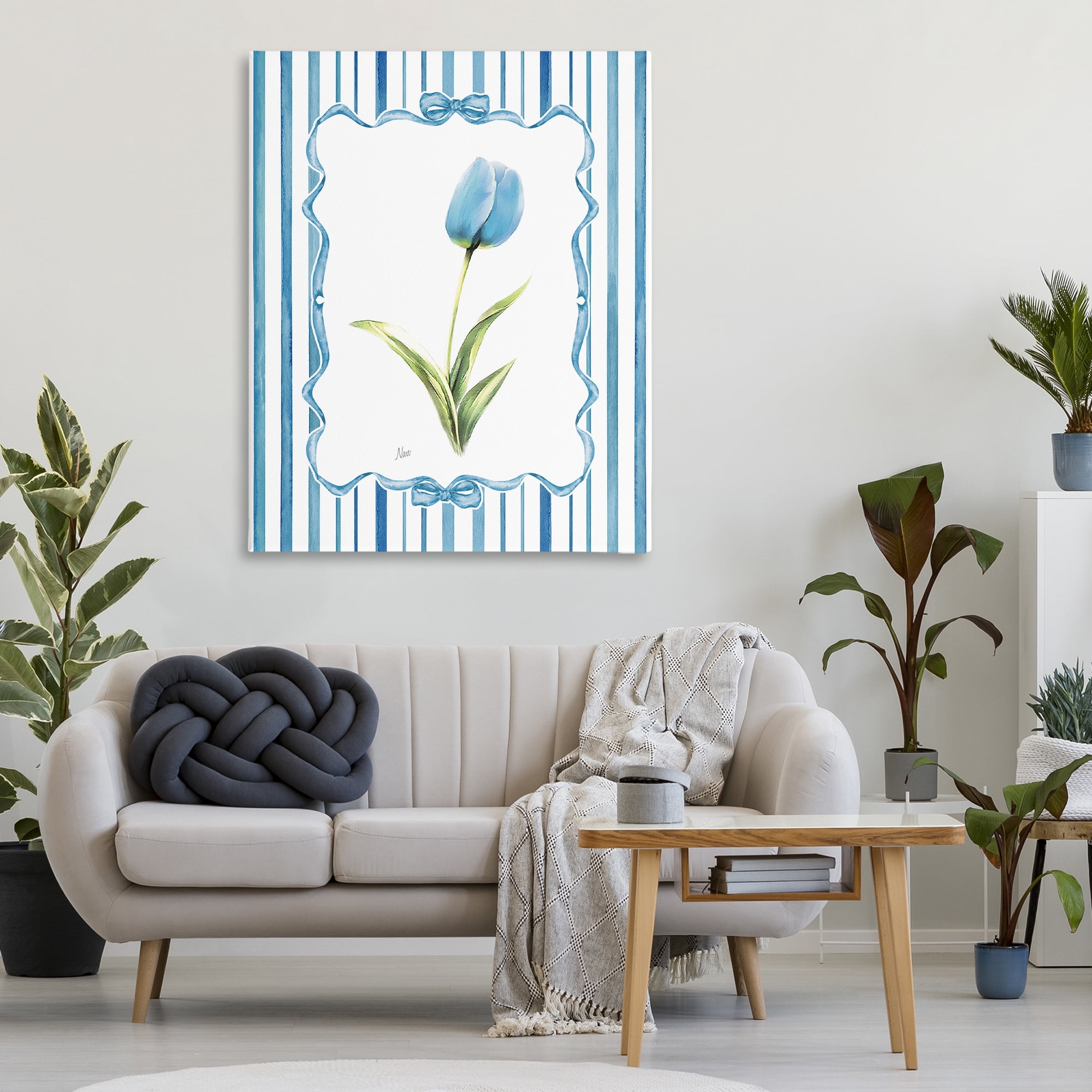 Stupell Industries Blue Tulip & Ribbon Border Canvas Wall Art, design by Nan