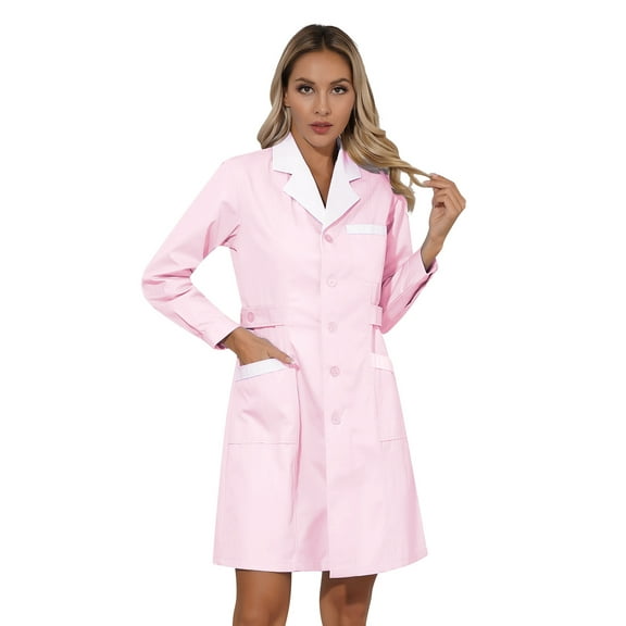 DPOIS Women's Lab Coat Doctor Nurse Long Sleeve Medical Coat Pink Peaked Lapel M