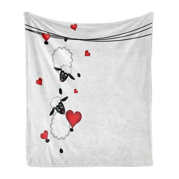 Animal Soft Flannel Fleece Blanket, Sheep Couple with Heart Shapes in Love Hanging on Washing Fun Comic Cartoon Art, Cozy Plush for Indoor and Outdoor Use, 50" x 70", Red White Black, by Ambesonne