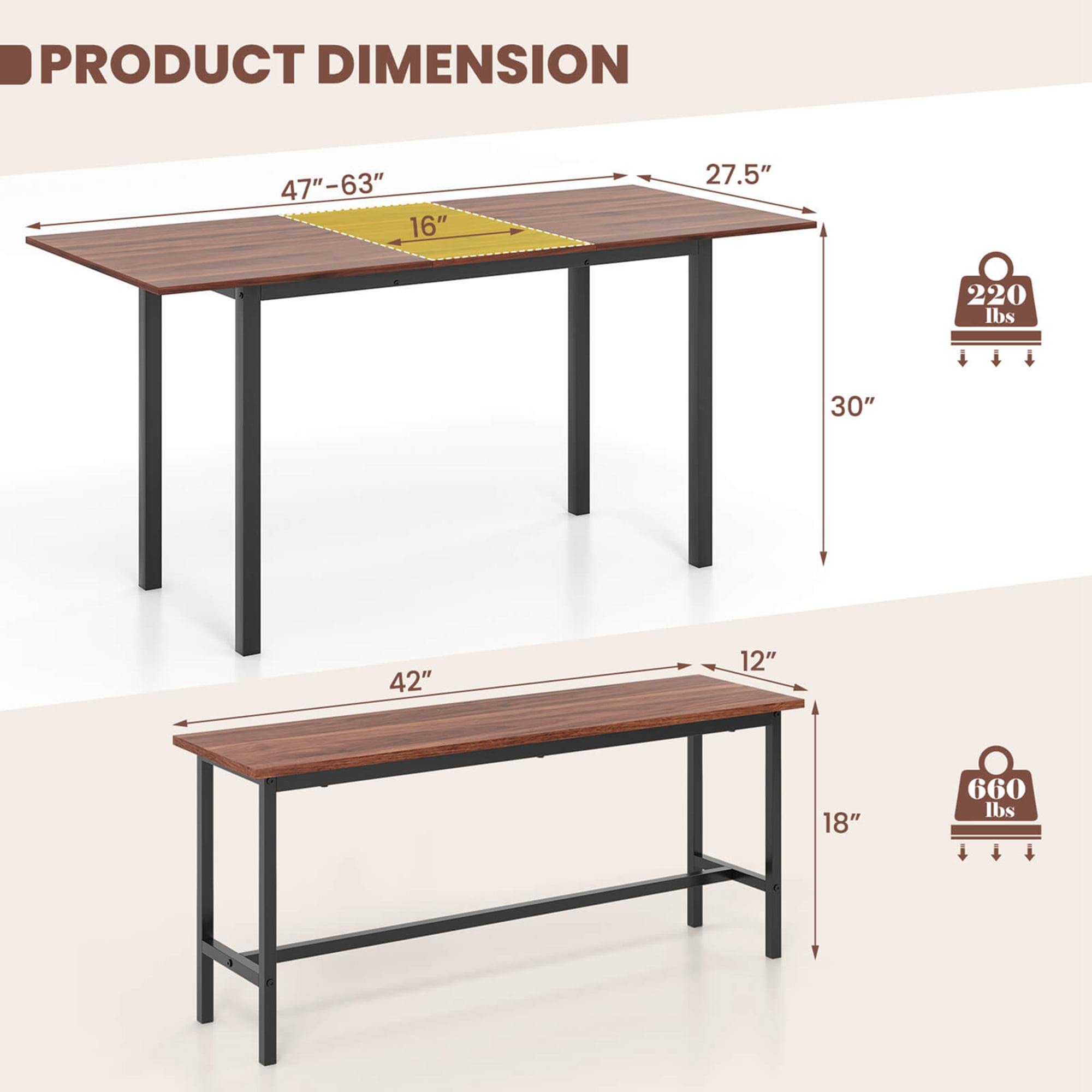 Costway 3 Piece Dining Table Set for 4-6  63"Kitchen Table with 2 Benches Metal Frame Walnut