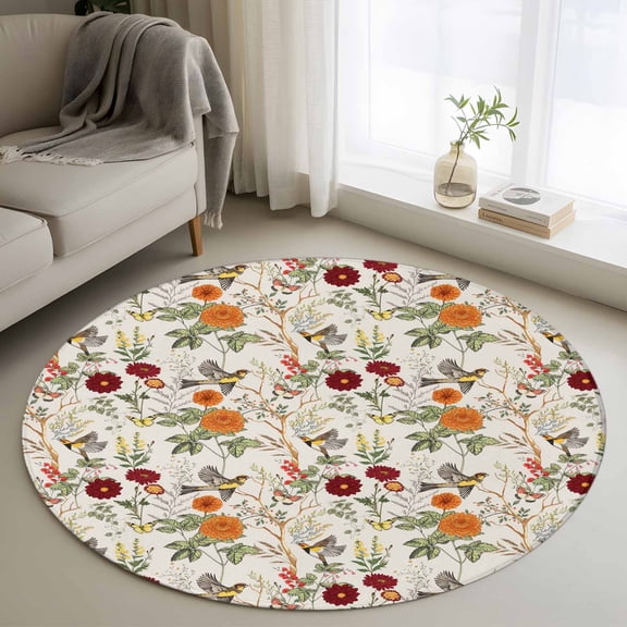 Vintage Flower Round Area Rug 3.3 FT, Non Slip Small Entryway Kitchen Mat, Farmhouse Bird Butterfly Red Floral Washable Soft Circular Rug Non-Shedding Door Mat for Bathroom Playroom Kids Room