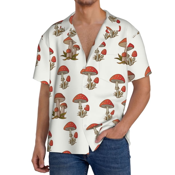 Balery Mushroom Camisa Casual de Manga Corta con Botones para Hombre, Texturizada, Estilo Cubano, para Playa, Verano-Large