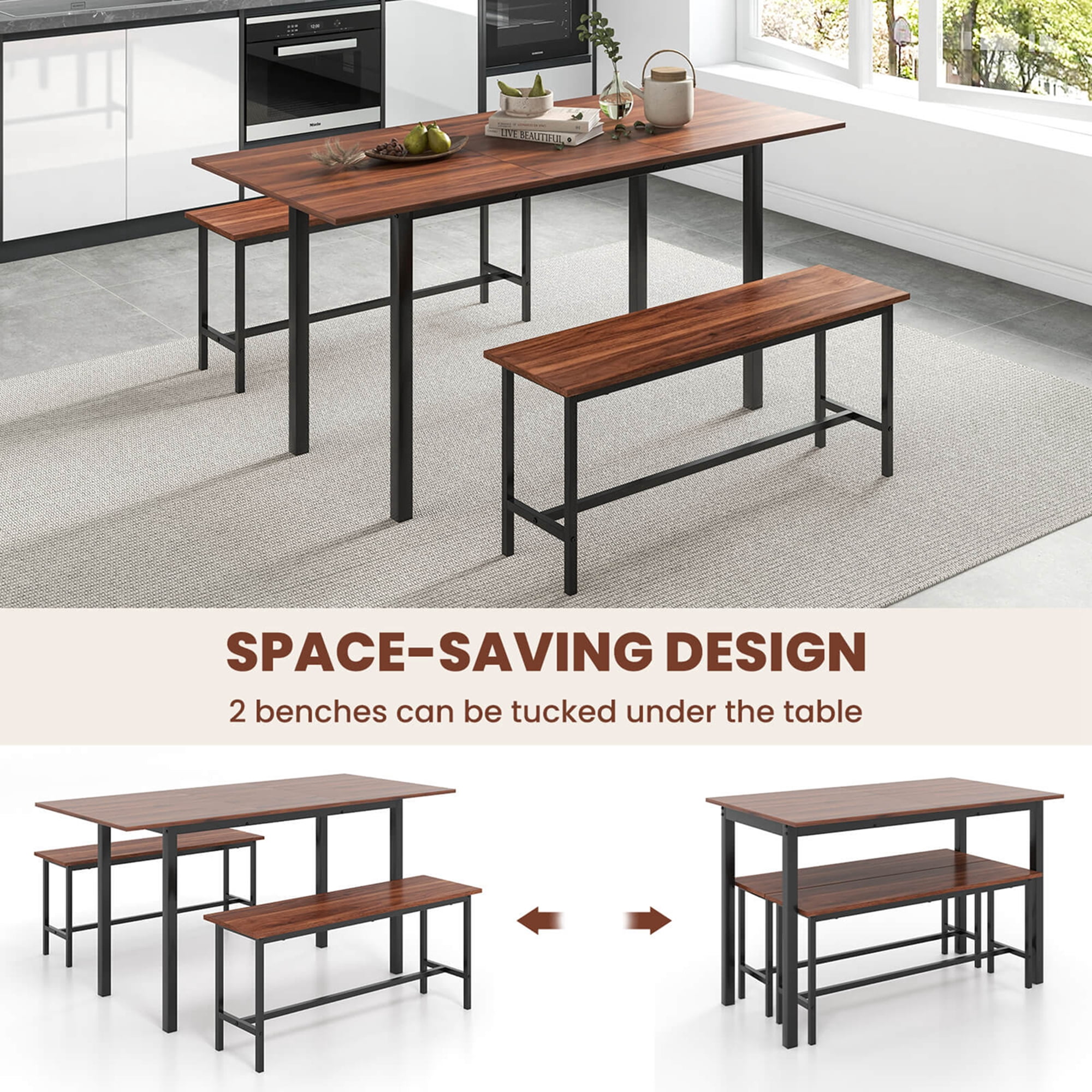 Costway 3 Piece Dining Table Set for 4-6  63"Kitchen Table with 2 Benches Metal Frame Walnut
