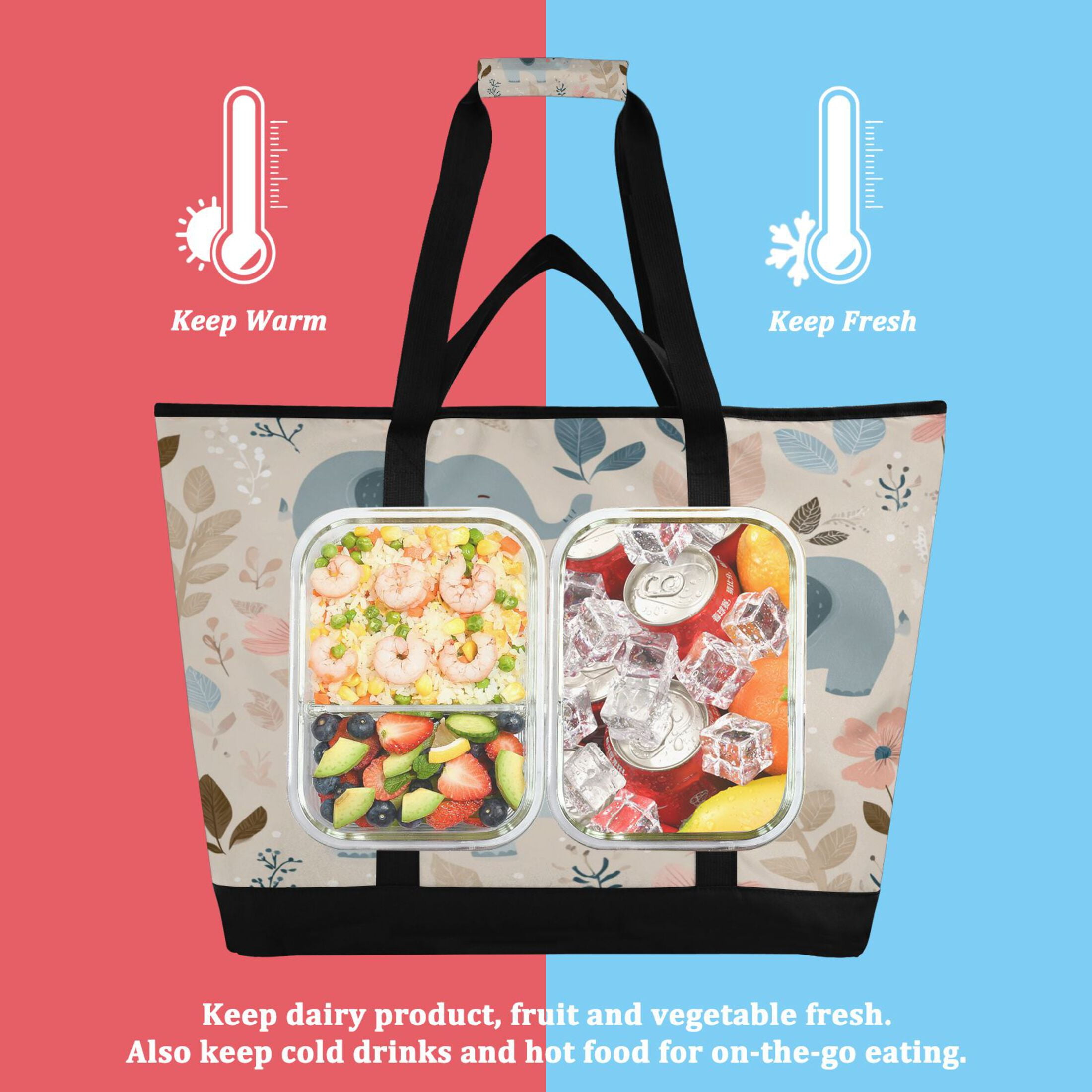 Large Hand-held Ice Pack Picnic Bag Insulation and Refrigeration Suitable for Shopping Picnics and Camping Cute Little Elephant
