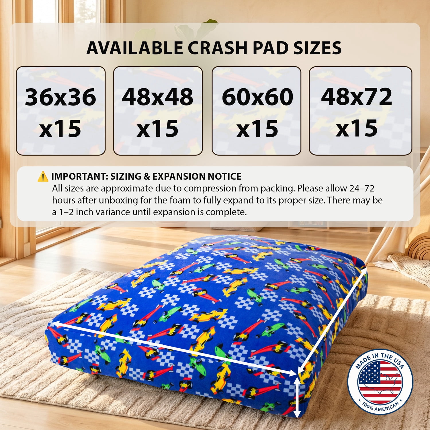 60"x60" Sensory Crash Pad for Kids & Adults, Soft Fleece Foam Landing Mat, Non-Slip Base, Removable Washable Cover for Jumping, Playing, Gymnastics and Relaxing