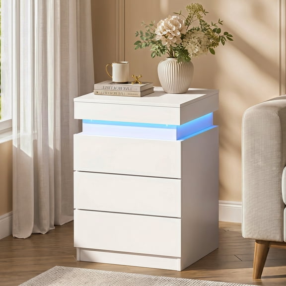 GALAXHERO Nightstand with Charging Station, LED Lights, Side Table with Sliding Top, 3 Drawers Bedside Table with Hidden Space, Modern End Table for Bedroom, Living Room, White