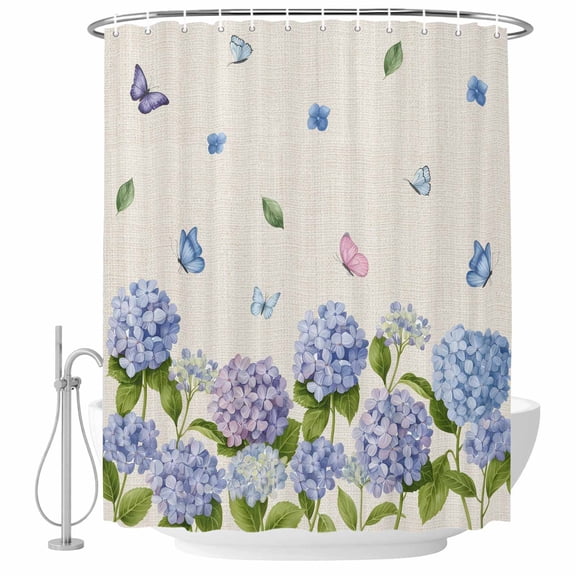 Hydrangeas Shower Curtain Set - 48" x 72" Washable Bathtub Curtain with 12 Hooks, Purple Floral Butterfly Leaves Beige Waterproof Fabric Stall Shower Curtains for Bathroom/Bathtub Décor