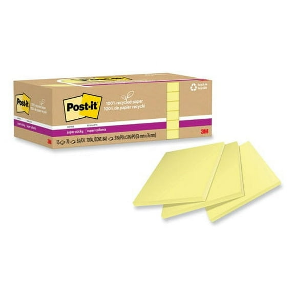 100% recycled paper super sticky notes, 3" x 3", canary yelow, 70 sheets/pad, 12 pads/pack | Bundle of 2 Packs