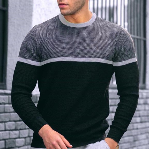 Lilgiuy Men Casual Patchwork Round Neck Pullover Long Sleeve Blouse Regular Fit