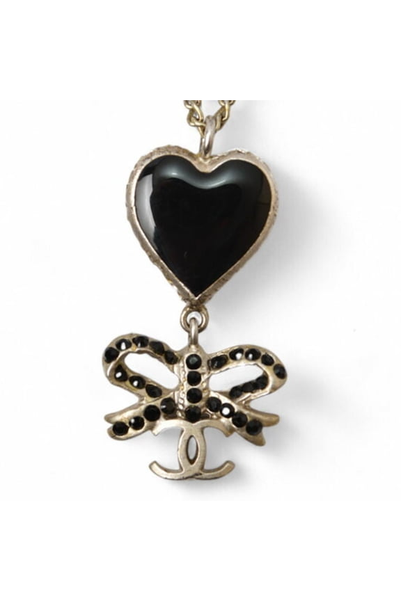 Pre-Owned Chanel Necklace Pendant CHANEL Coco CC Heart Ribbon Rhinestone Black Silver... (Good)