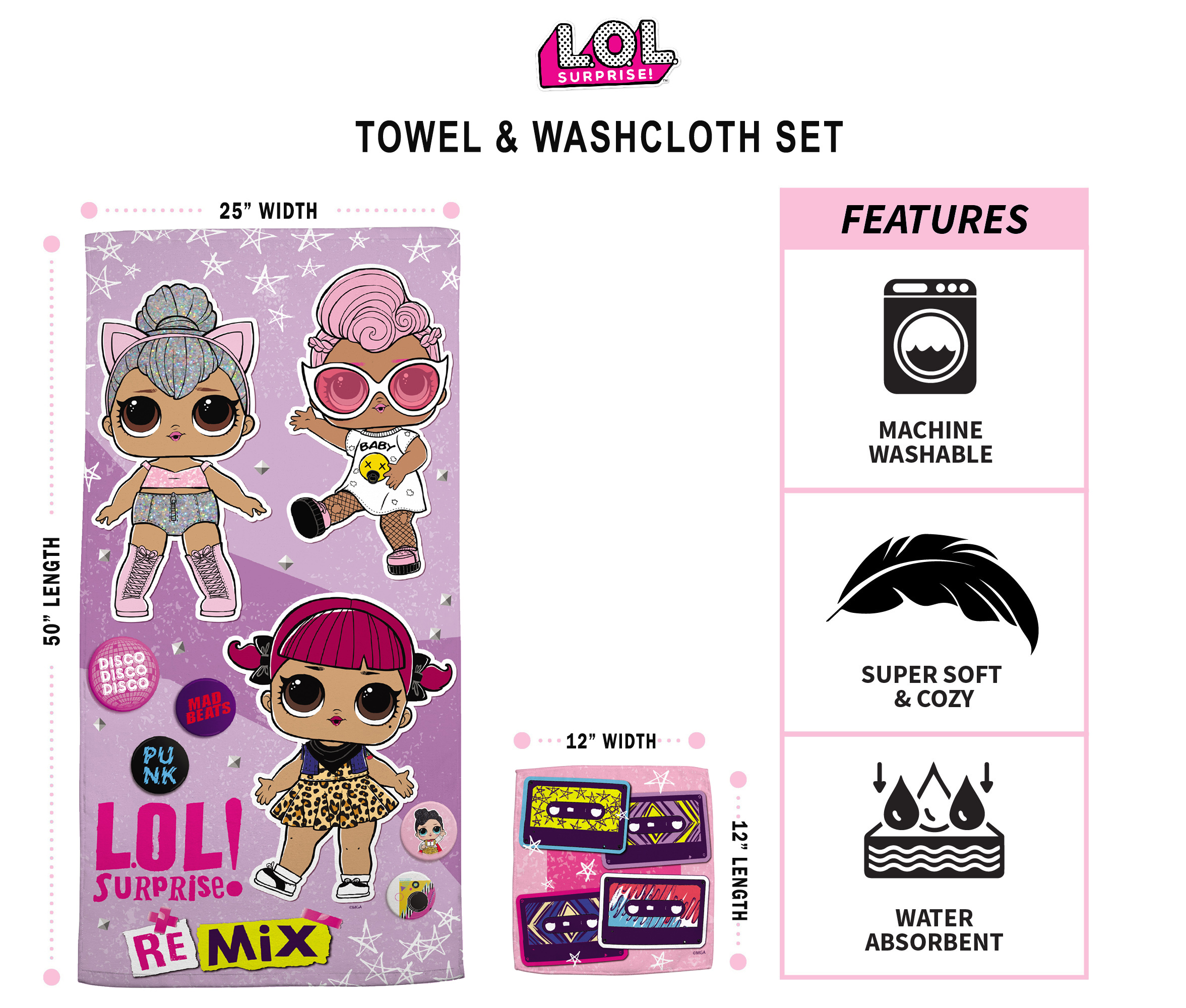 L.O.L Surprise! Kids Bath Towel and Wash Cloth, 2-Piece Set, Cotton, Purple. MGA - image 2 of 6