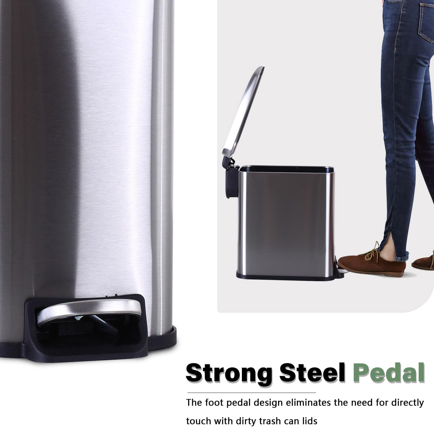 CL.HPAHKL 5L / 1.3 Gallon Step Trash Can, Stainless Steel Slim Bathroom Trash Bin with Lid & Removable Inner Bucket, Pedal Garbage Can for Kitchen, Bathroom Small Spaces (1, Silver)