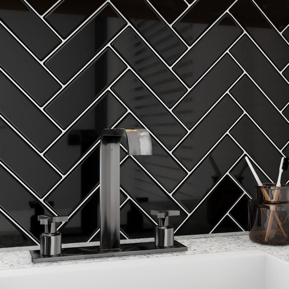 Livelynine Peel and Stick Backsplash Black Herringbone Backsplash Tile for Kitchen 12X12" Heat Resistant 4-Tiles Stick on Backsplash Tiles Peel and Stick Wall Tiles for Bathroom Shower Tile Stickers