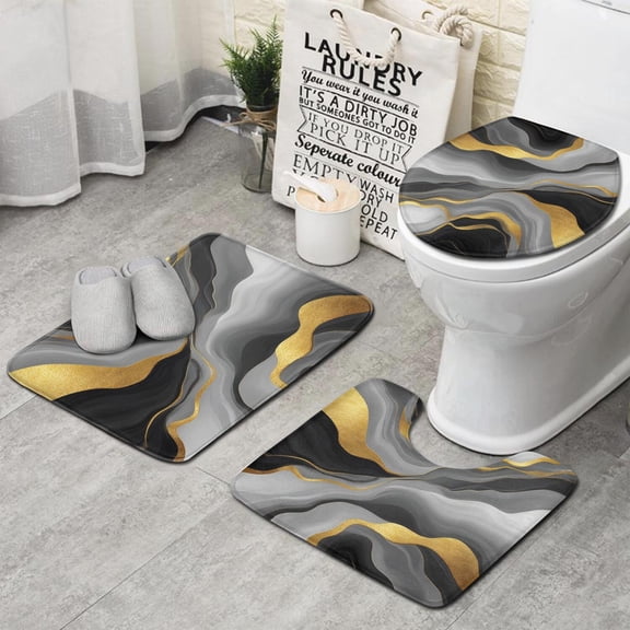 Gray and Gold Marble Gold Dots Pattern Bathroom Rugs Sets 3 Piece,Toilet Cover Set,Absorbent Non Slip Bathroom Mats Sets with U-Shaped Contour Rug Toilet Rug Set
