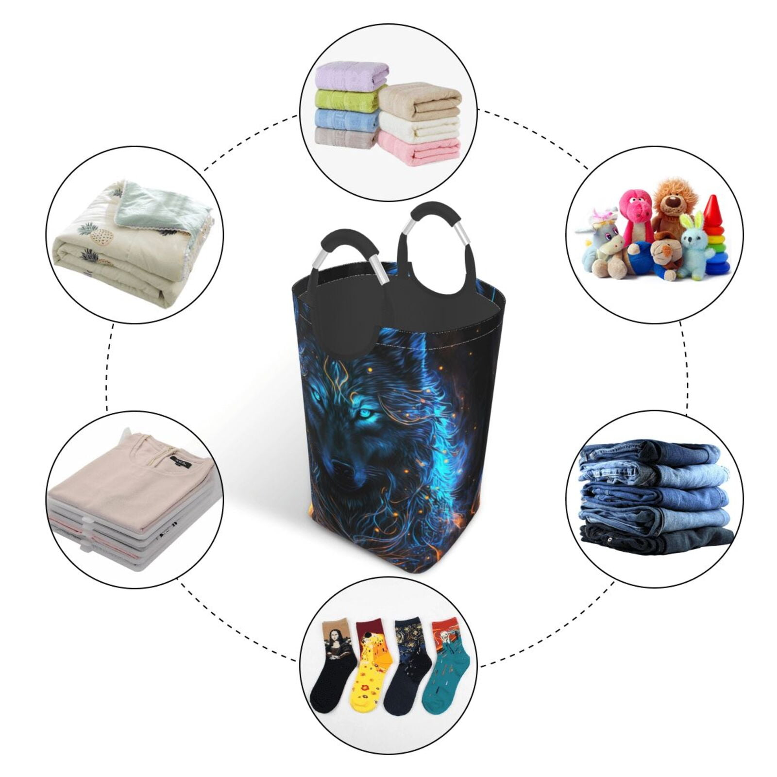 Xecao Cool Blue Light Wolf for Laundry Basket,Collapsible Large Laundry Hamper,Wash Bag for Laundry Room, Rolling Laundry Basket with Handles