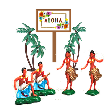 Hula Dancers - Hawaiian Island Dancers & Musicians Hula Miniature Luau Cake Cupcake Toppers with Palm Trees