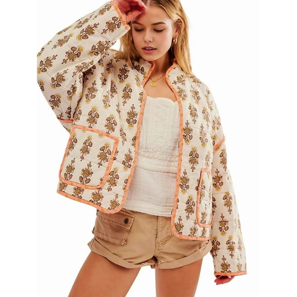 Chaqueta Acolchada Corta con Estampado Floral Vintage para Mujer, Chaqueta Corta Abierta Al Frente, Ropa de Abrigo Naranja S