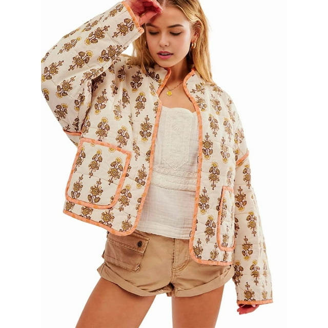 Chaqueta Acolchada Corta con Estampado Floral Vintage para Mujer, Chaqueta Corta Abierta Al Frente, Ropa de Abrigo Naranja M