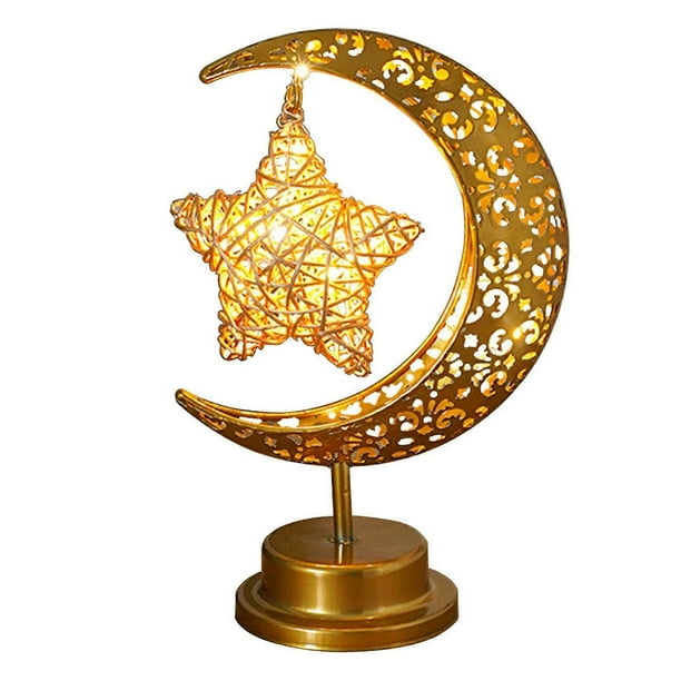Iron Moon Lamp Orb Lamp Muslim Holiday Decorative Lamp Bedroom Table Lamp Ambient Modeling Lamp (Moon Rattan Star Hooked Model)