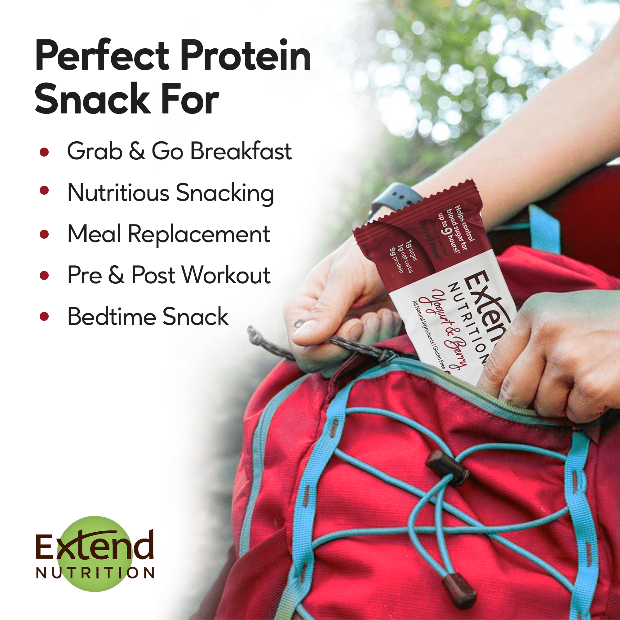 Extend Nutrition Protein Bar, Low Carb, Gluten Free Snacks, Yogurt & Berry, 12 Count