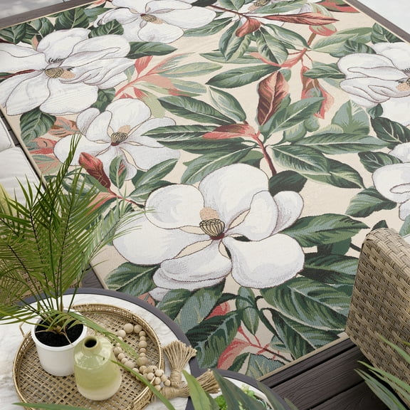 Stunning Transitional 9' x 12' Green and White Polypropylene Outdoor Area Rug