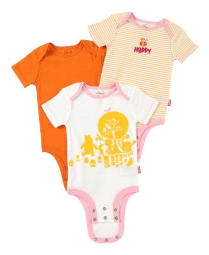 Disney Baby girl Cuddly Bodysuit Winnie the Pooh 'Hundred Acre Wood' 3 Pack, White/Orange/Pink, 6-9 Months