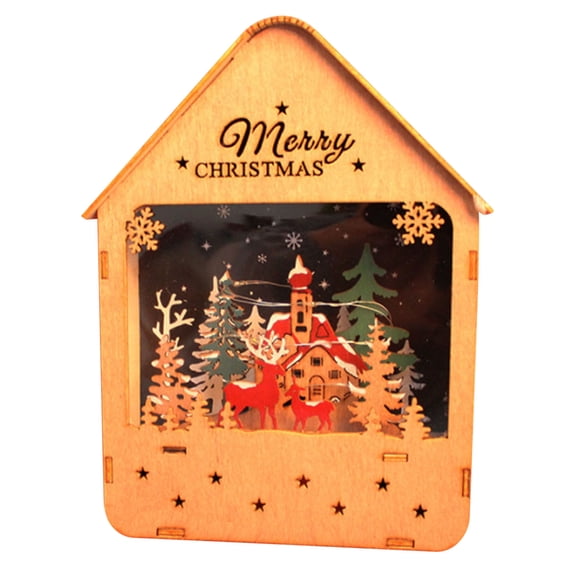 UYUH Lighted Christmas Deer Wood Decor White Hair Pair with Painted Chalet House Holiday Office Desktop Decorations Festive Gift Rustic Winter Village