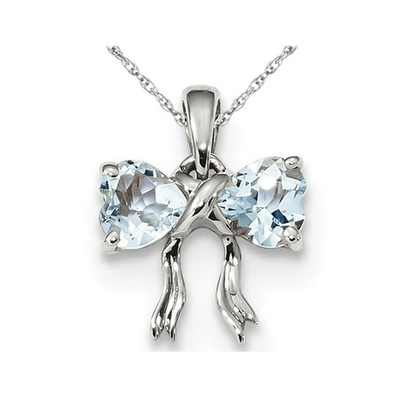 14K White Gold Aquamarine Heart and Bow Pendant Necklace (4/5 Carat)
