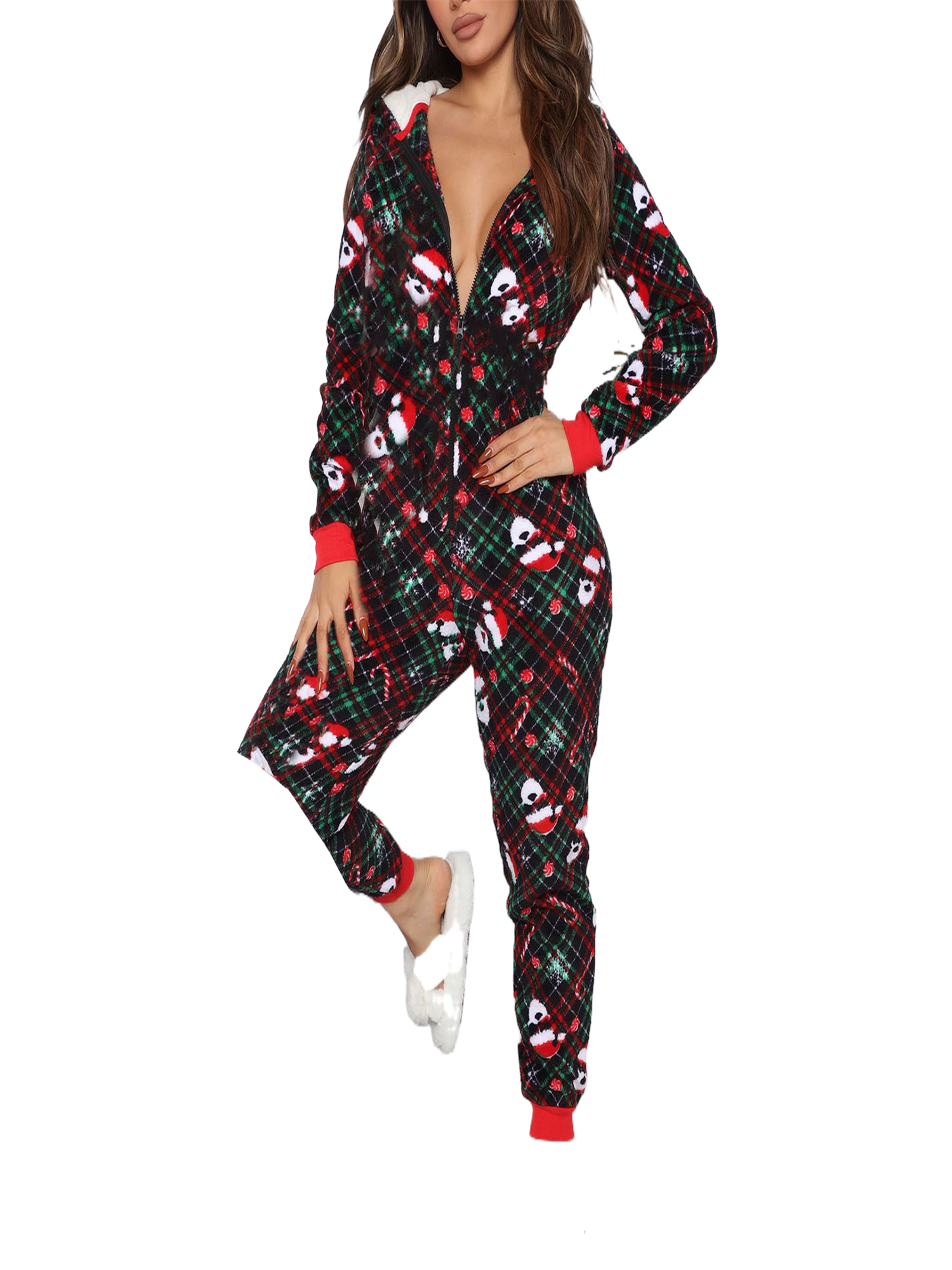 Listenwind Women Christmas Fleece Pajamas One Piece Printed Pajamas Lounge Wear Adult Hooded Long Sleeves Zip Up Fleece Pajamas Walmart Com