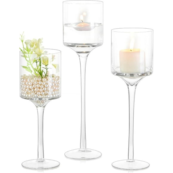 Inweder Tall Glass Candle Holder: Long Stem Floating Candle Holders for Tealight Votive and Pillar Large Clear Centerpieces for Wedding Table Party Home Set of 3